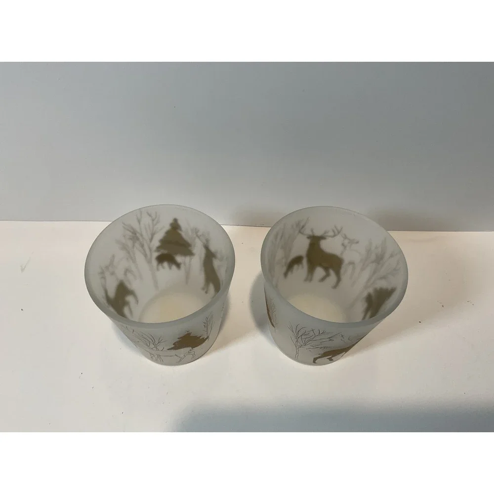 Set Of 2 Frosted Glass Votive Candle Holders Woodland Deer Winter‎ Scene